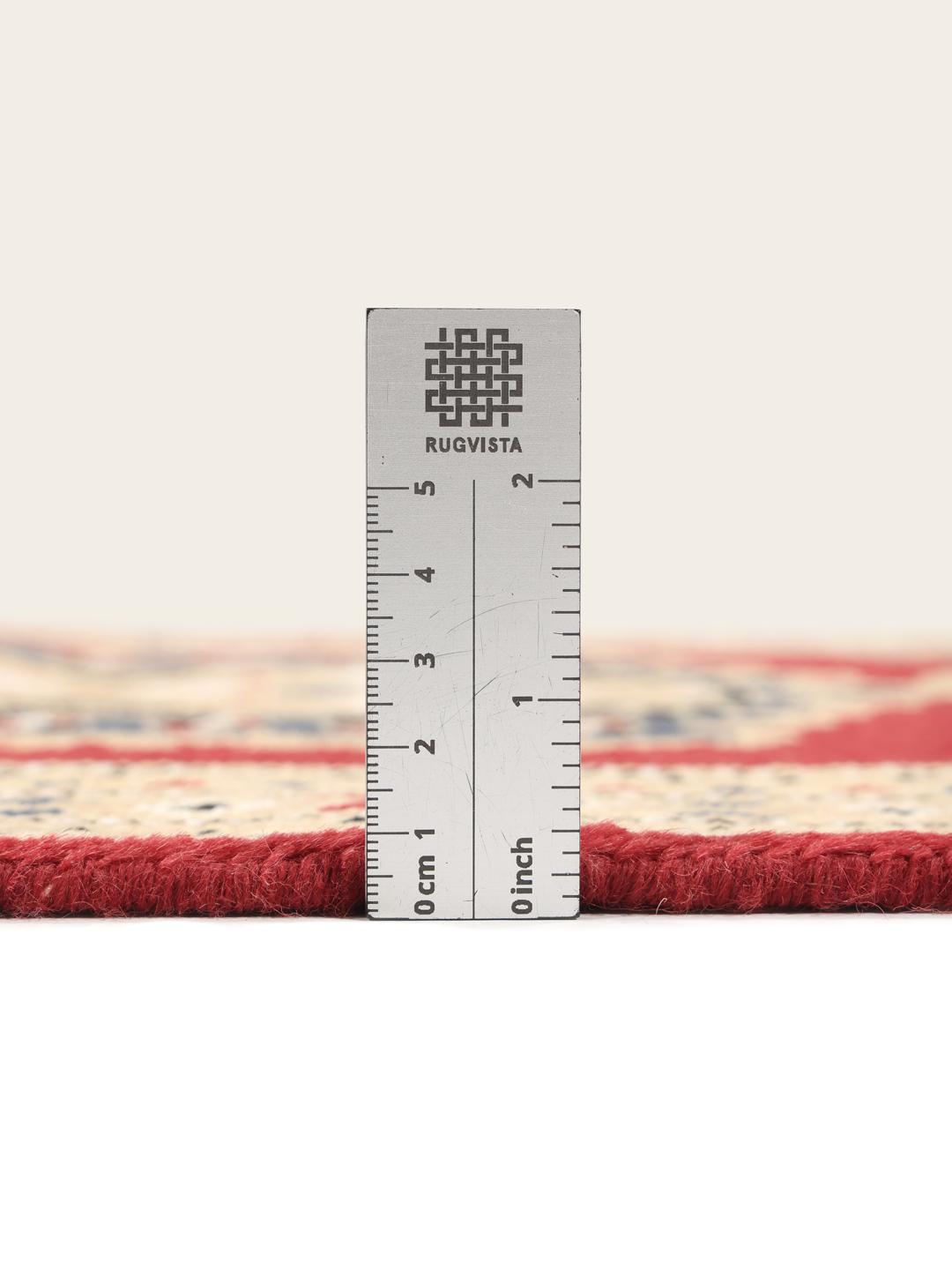 A hand-knotted Pakistan Bokhara rug with a red field and geometric medallion in a home setting.