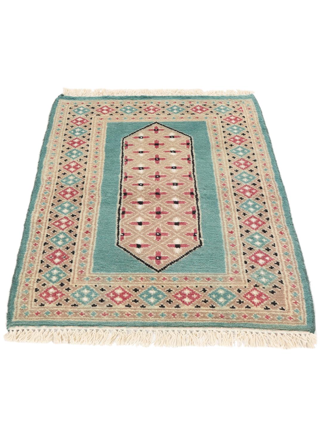 A hand-knotted Pakistan Bokhara 2ply rug with a teal border and geometric medallion pattern