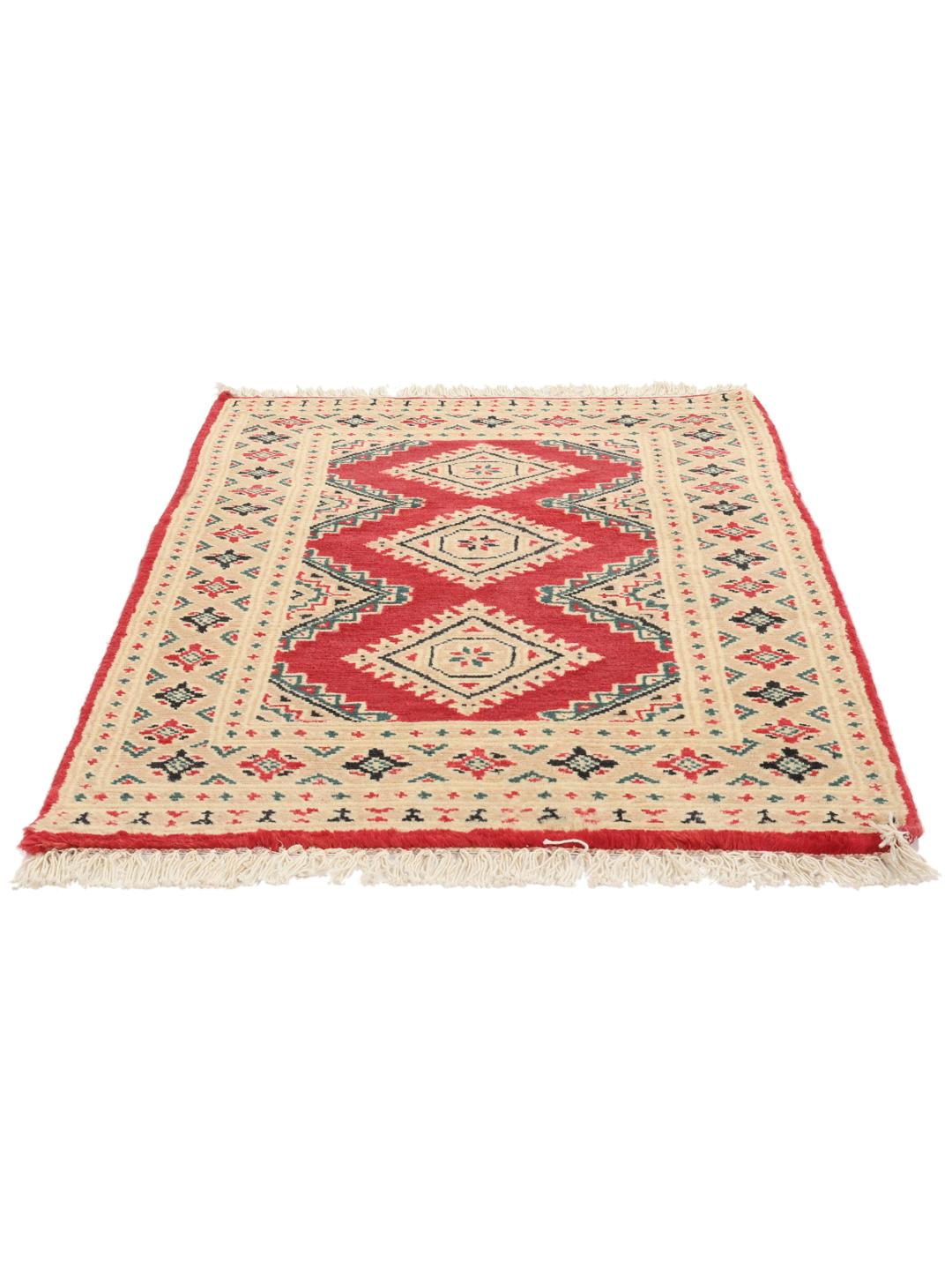 A hand-knotted Pakistan Bokhara rug in red and beige with geometric medallions