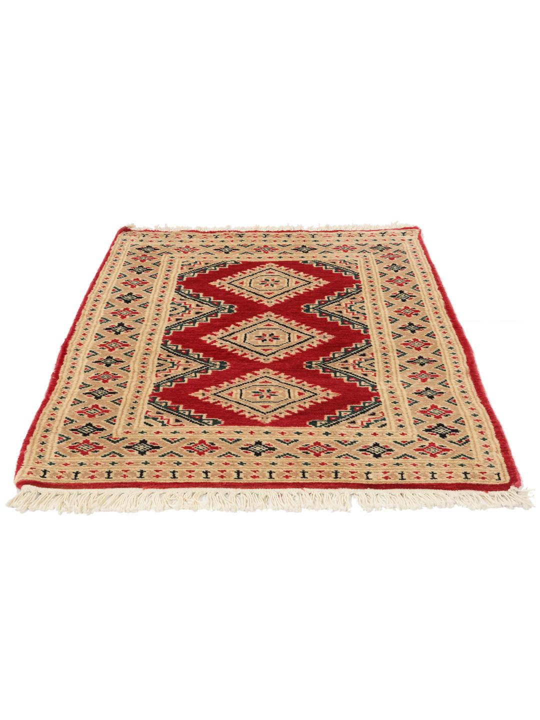 A hand-knotted Pakistan Bokhara rug in red and beige with geometric medallions