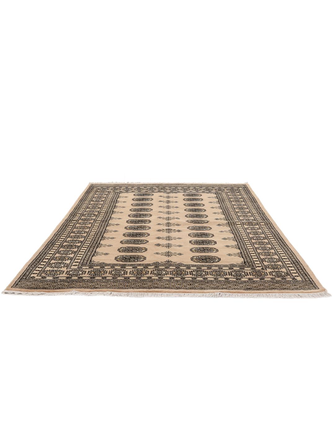 Hand-knotted beige Pakistan Bokhara rug with traditional repeating motifs