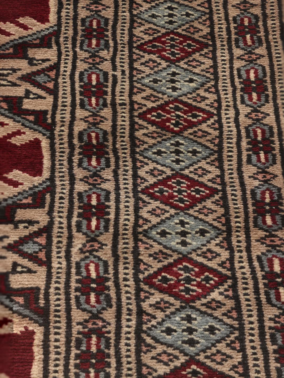 Een handgeknoopt Pakistan Bokhara tapijt met een rood veld en ingewikkelde geometrische en bloemrijke patronen.