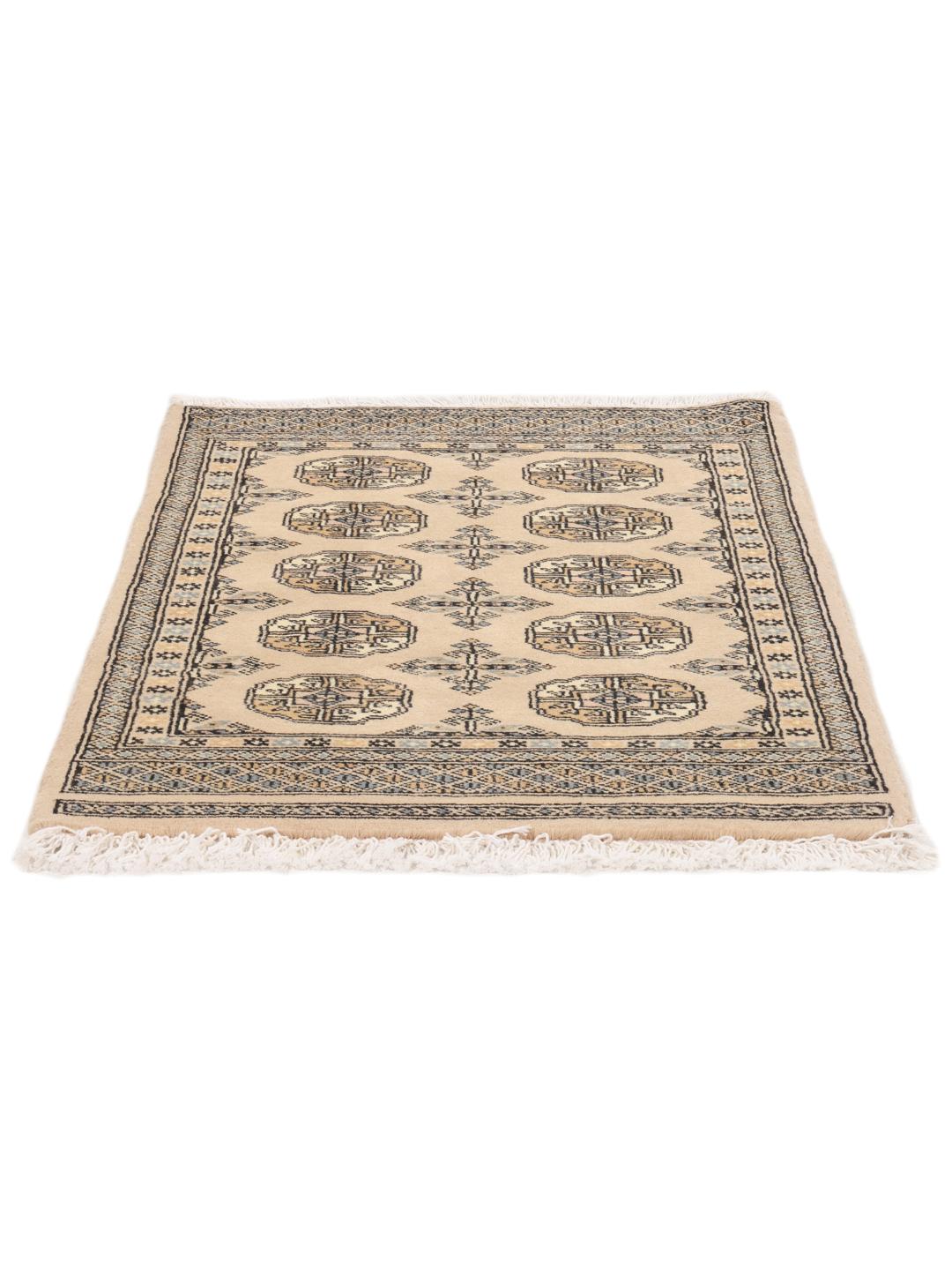 A hand-knotted beige Pakistan Bokhara 2ply rug with traditional geometric motifs.