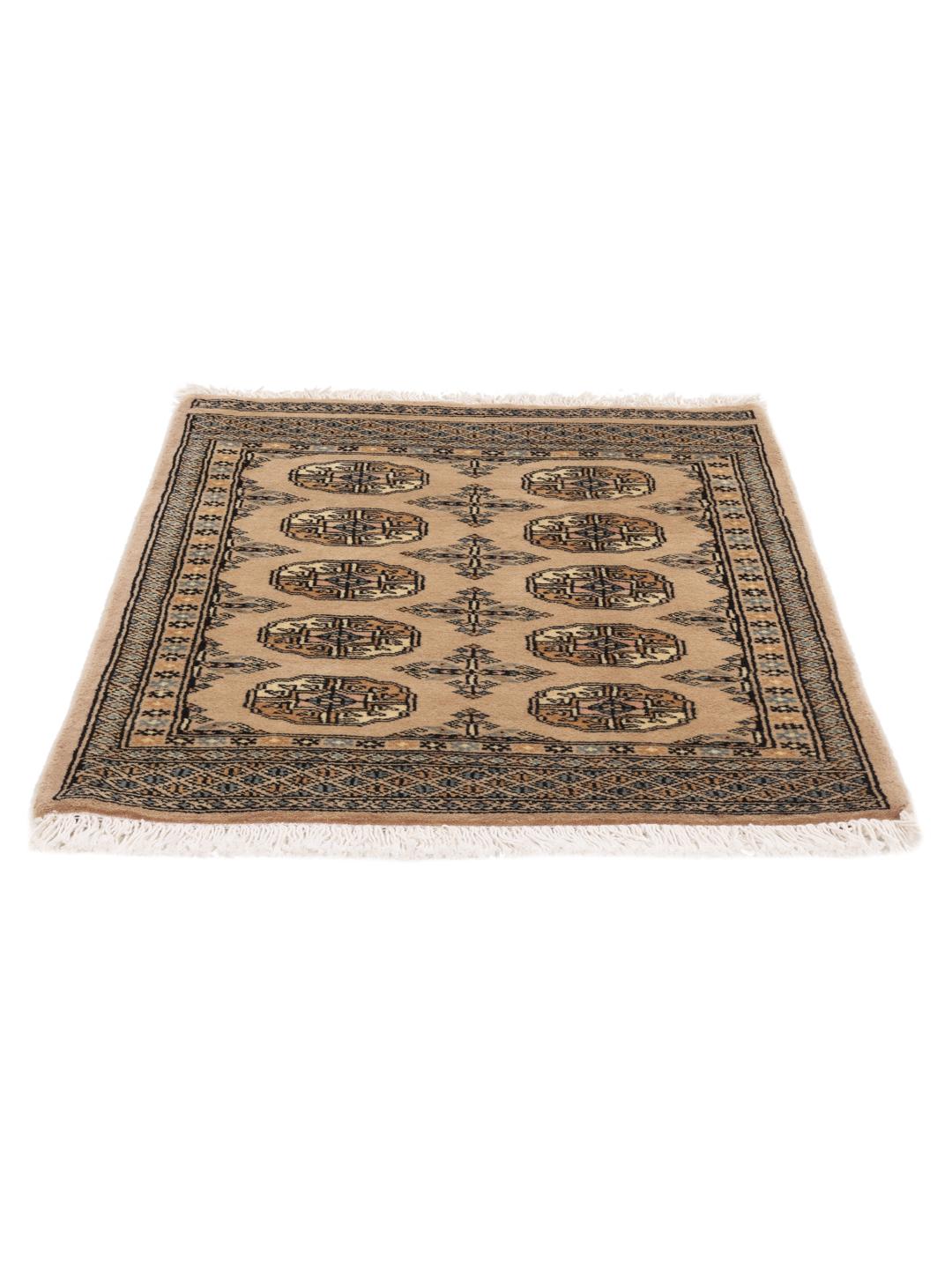 A hand-knotted beige Pakistan Bokhara 2ply rug with traditional geometric motifs.