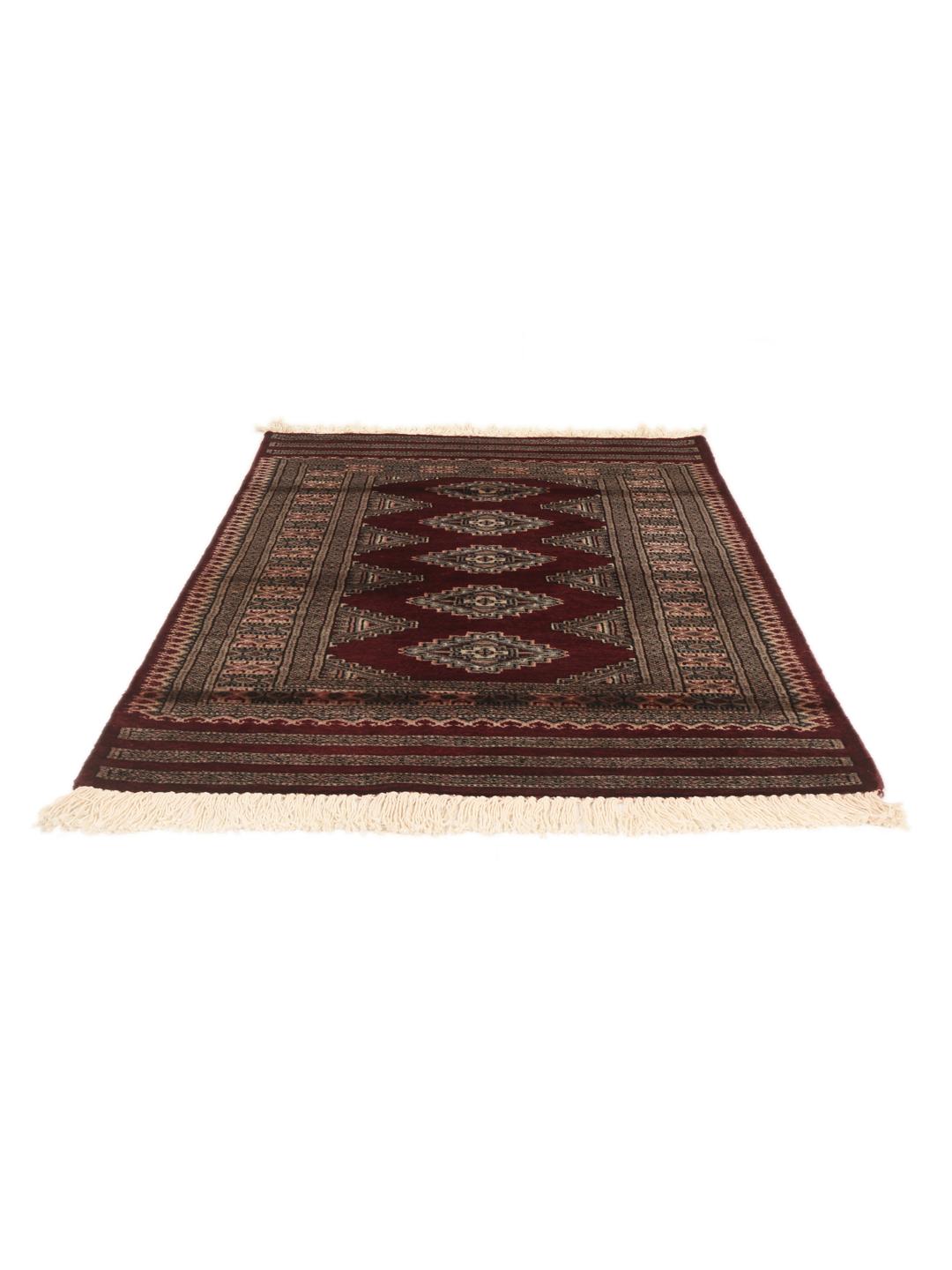 A hand-knotted Pakistan Bokhara rug featuring geometric medallions in dark-red and beige.