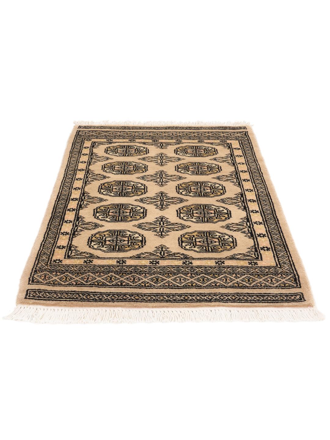 Hand-knotted beige Pakistan Bokhara rug with traditional medallion patterns