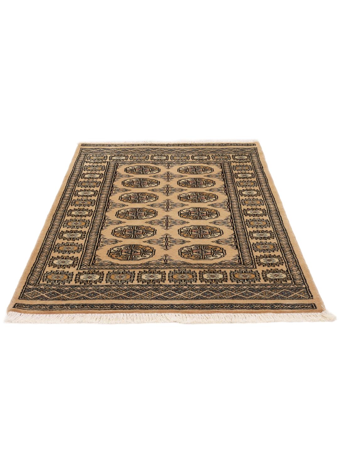A hand-knotted Pakistan Bokhara rug with a beige field and traditional geometric motifs.