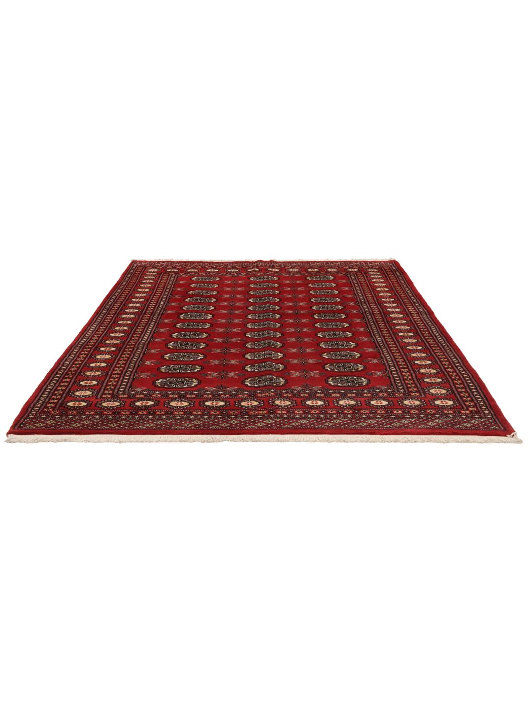 Hand-knotted Pakistan Bokhara 2ply rug with a deep red field and traditional motifs
