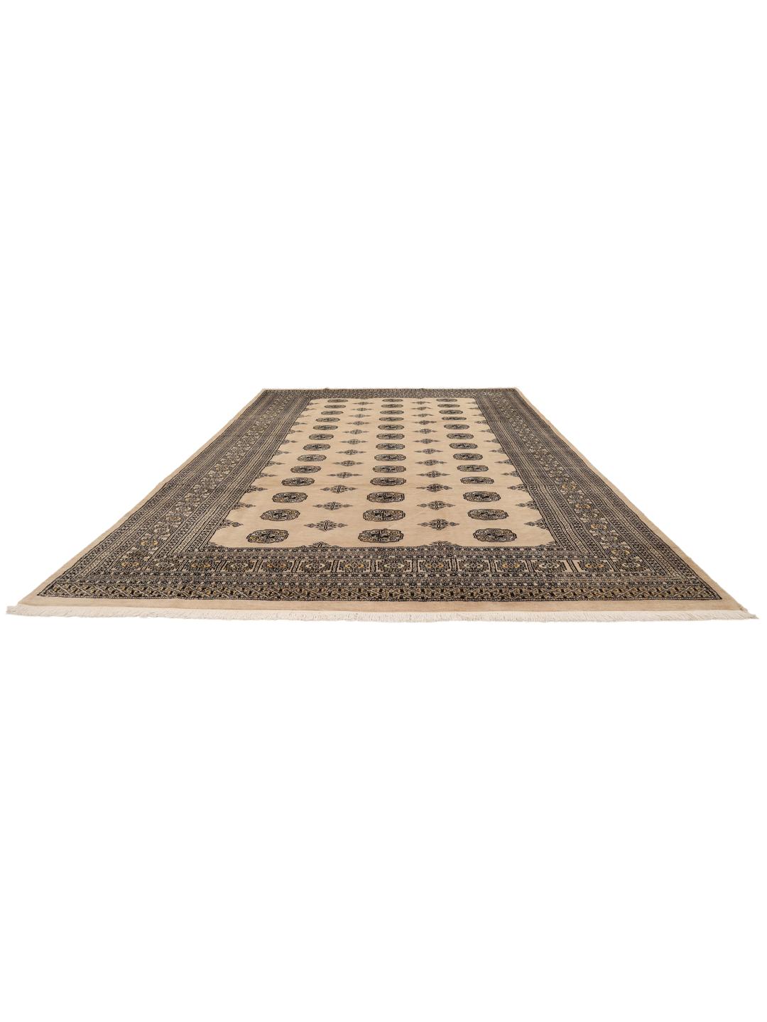 Een handgeknoopt Pakistan Bokhara tapijt met een beige veld en traditionele motieven.