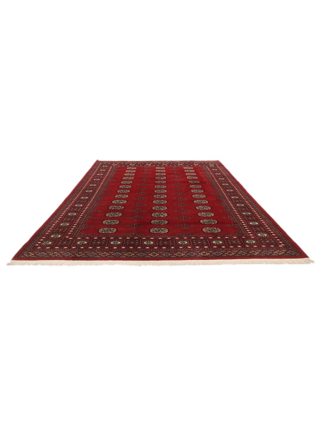 Hand-knotted Pakistan Bokhara rug in deep red with traditional gul motifs