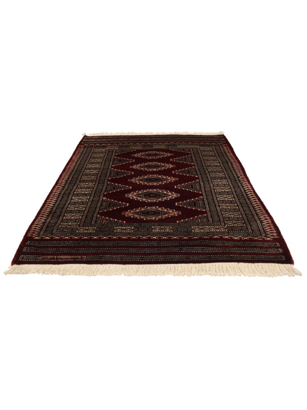 Hand-knotted Pakistan Bokhara rug in deep red with geometric medallions