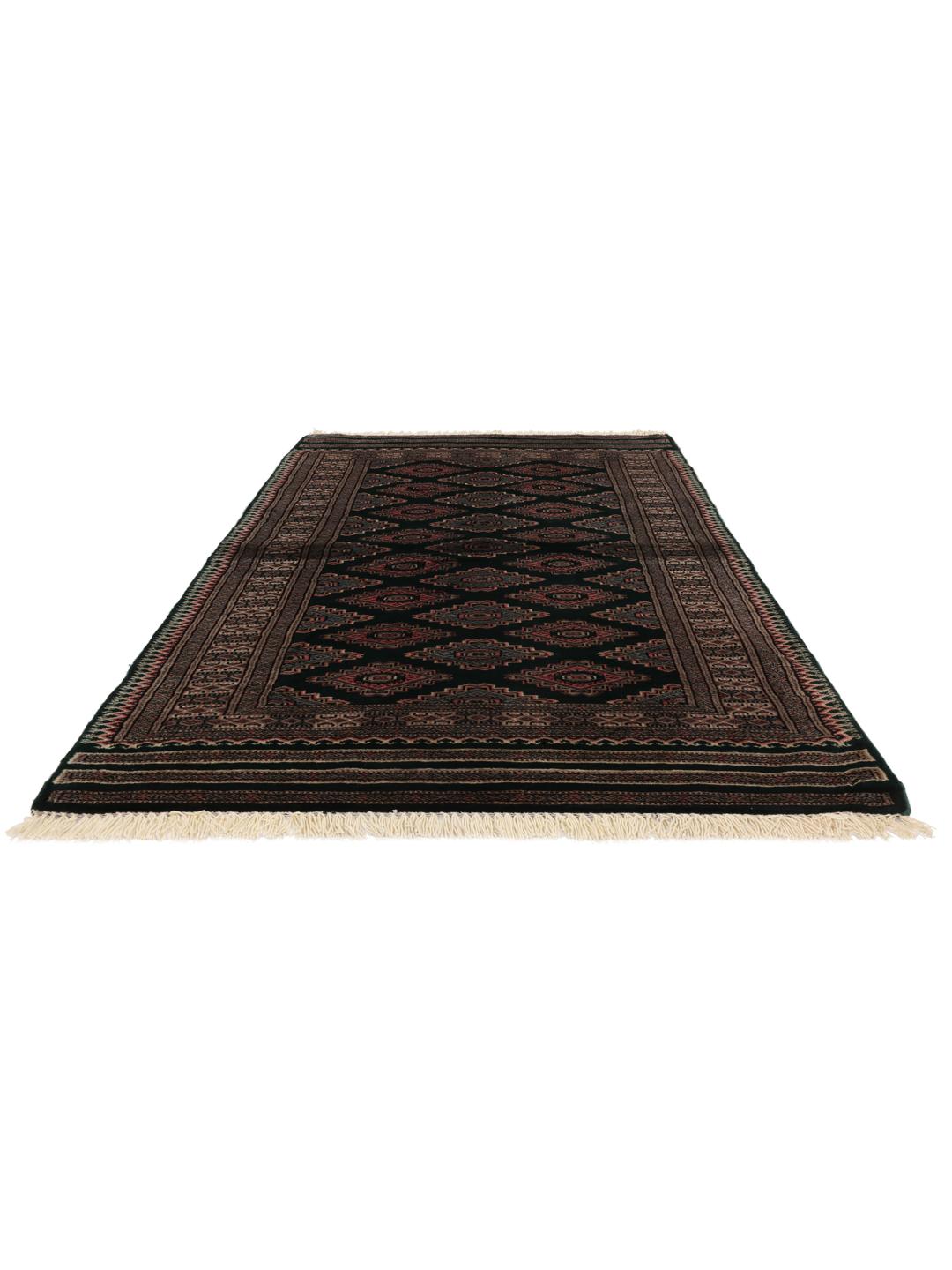 A hand-knotted Pakistan Bokhara rug with a dark green field and geometric patterns.