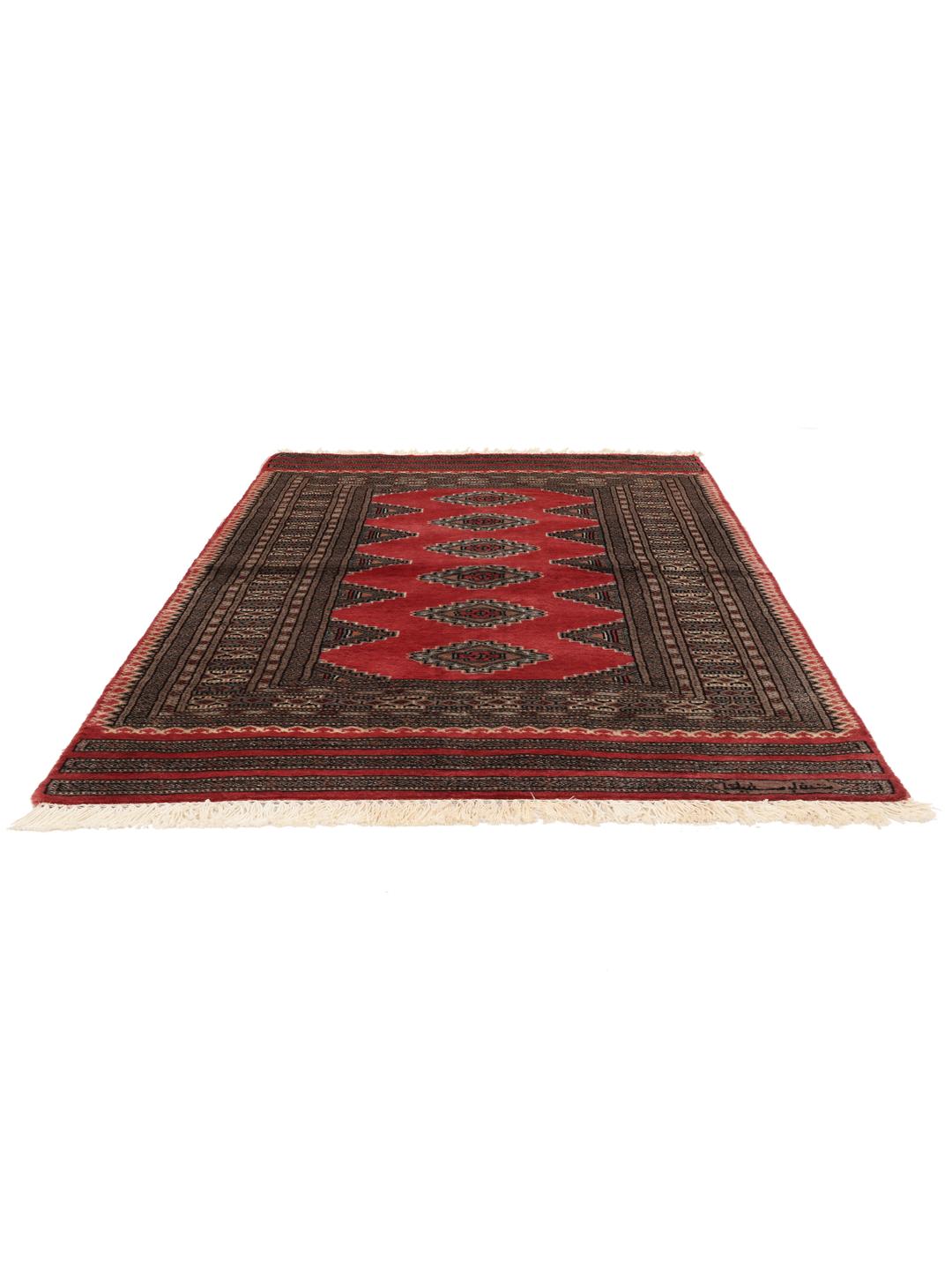 Hand-knotted red Pakistan Bokhara rug with geometric motifs