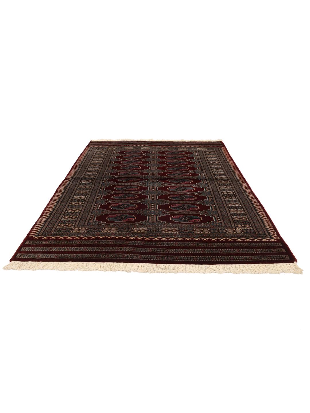 A hand-knotted Pakistan Bokhara rug with a dark-red field and classic geometric motifs.