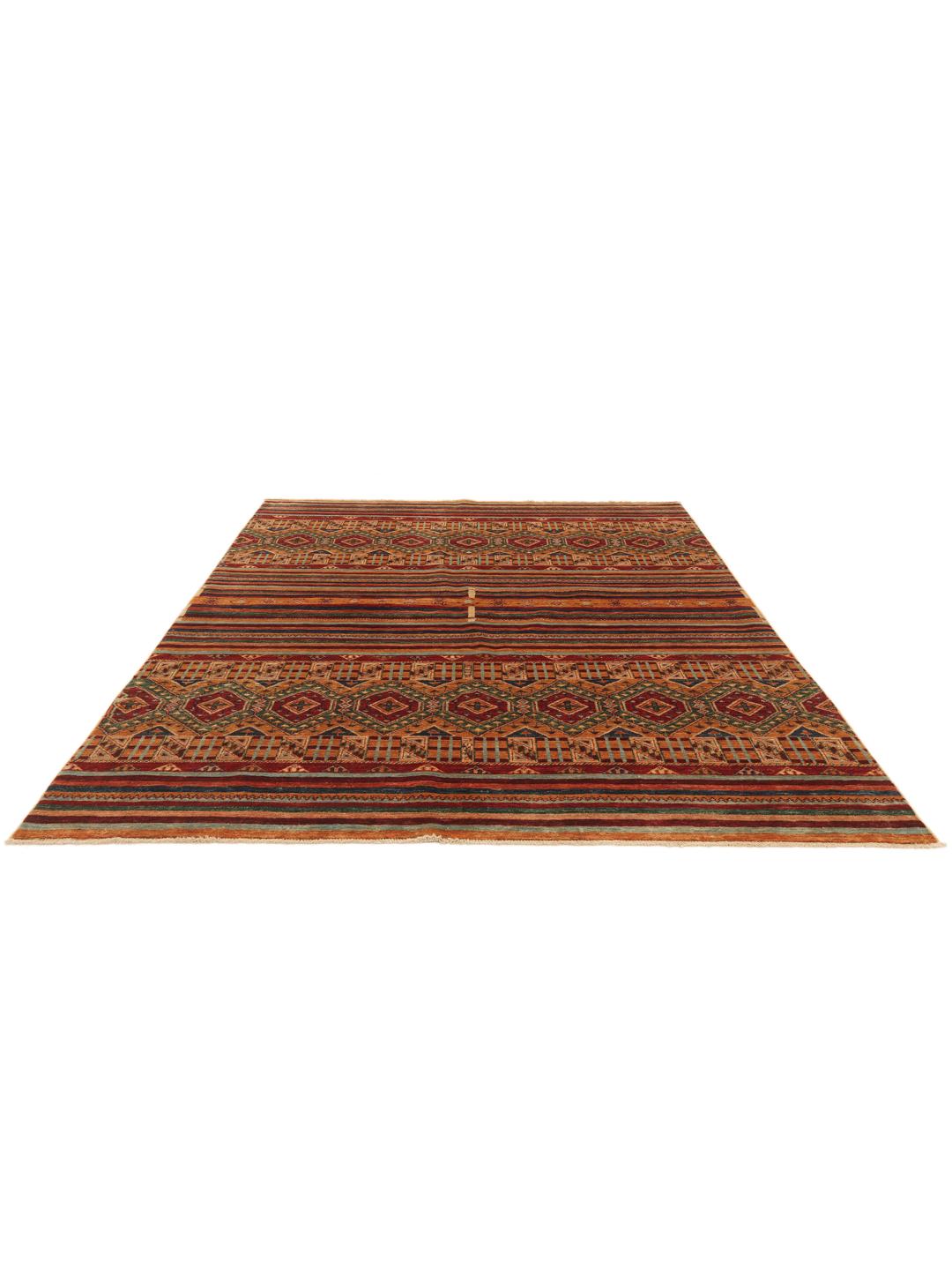 Covor afgan înnodat manual cu modele geometrice și benzi multicolore vibrante
