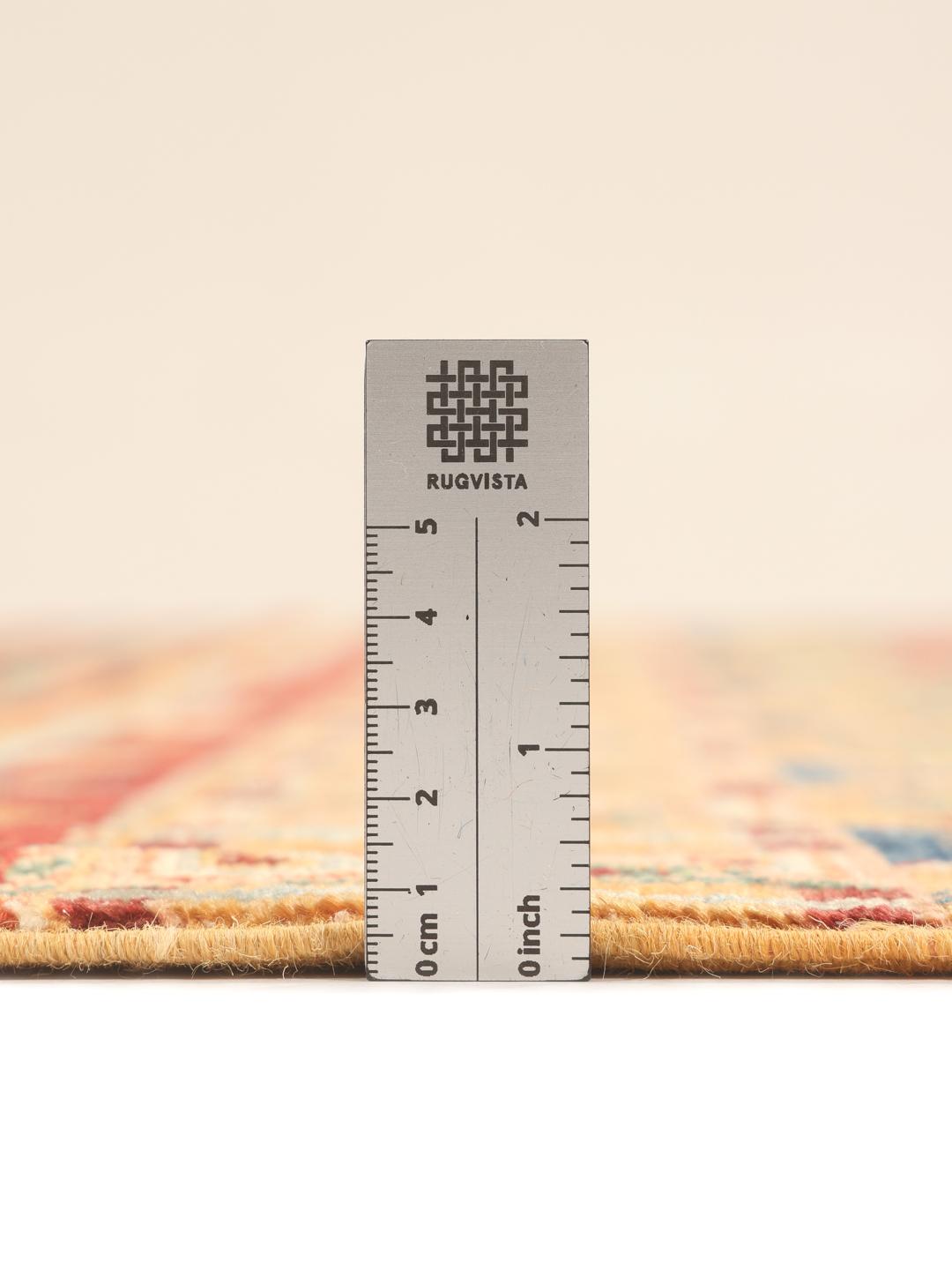 Covor afgan înnodat manual cu modele geometrice și benzi multicolore vibrante