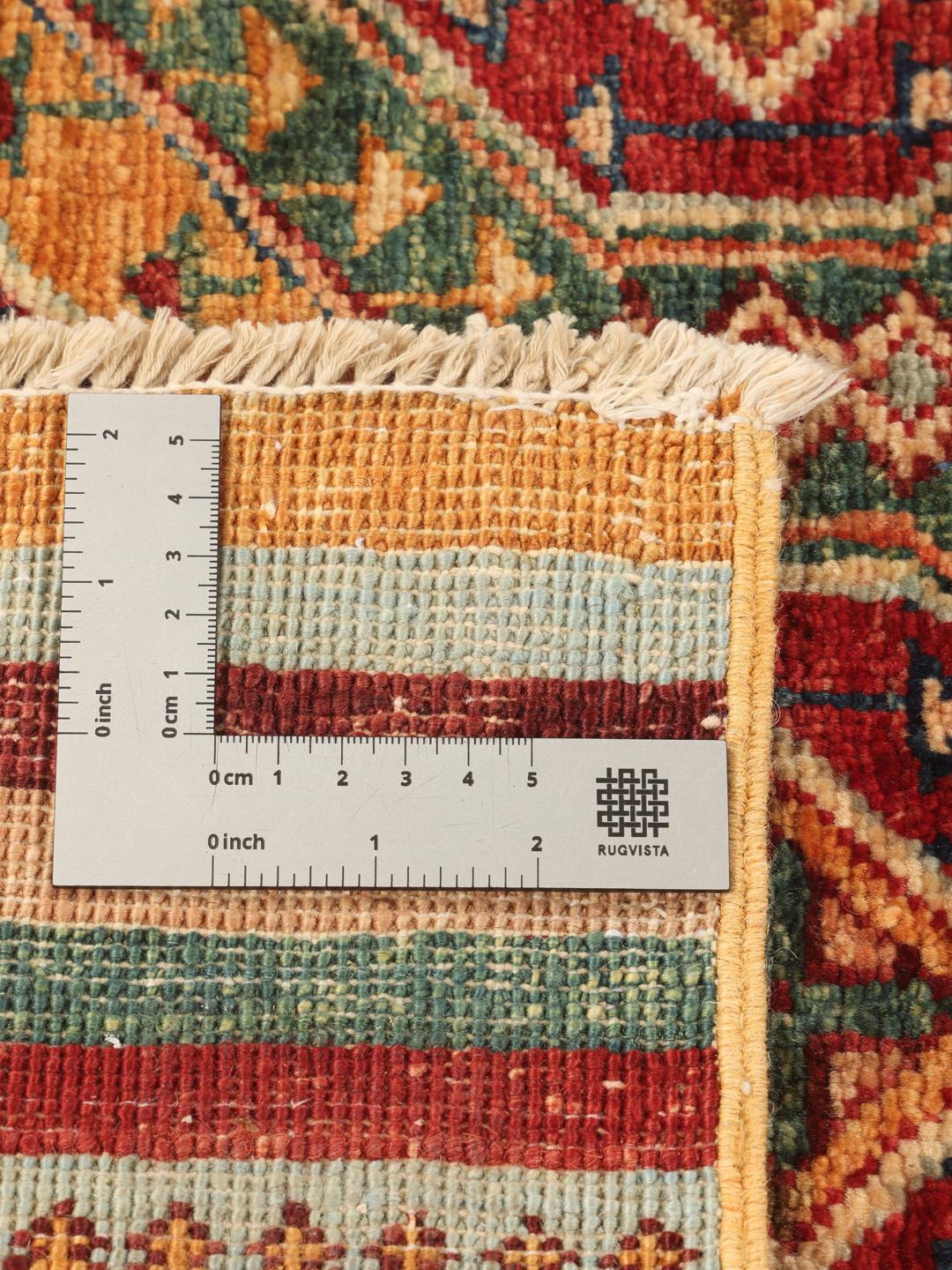 Covor afgan înnodat manual cu modele geometrice și benzi multicolore vibrante