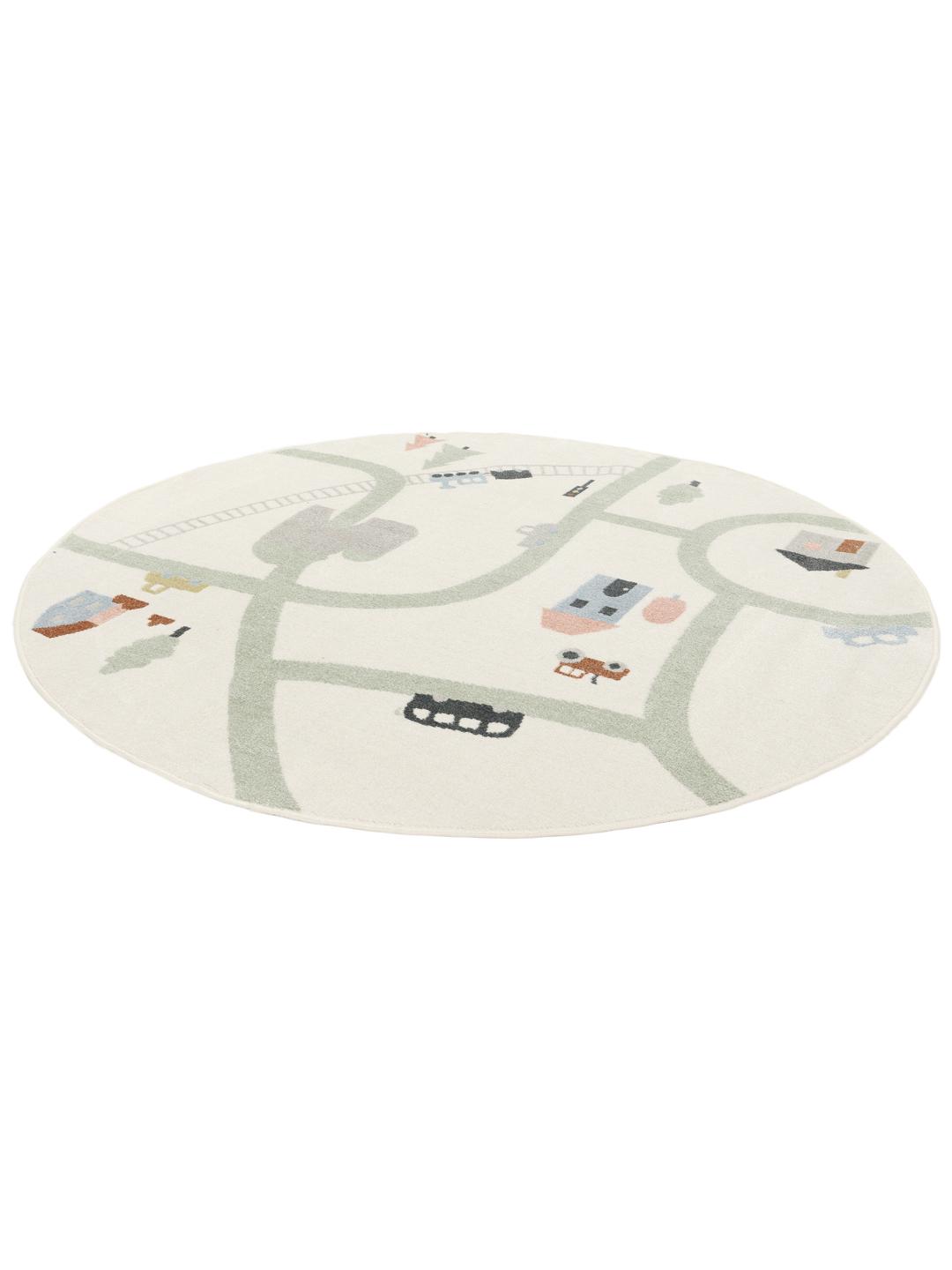 Rond wit meerkleurig tapijt met een speels wegenkaartontwerp