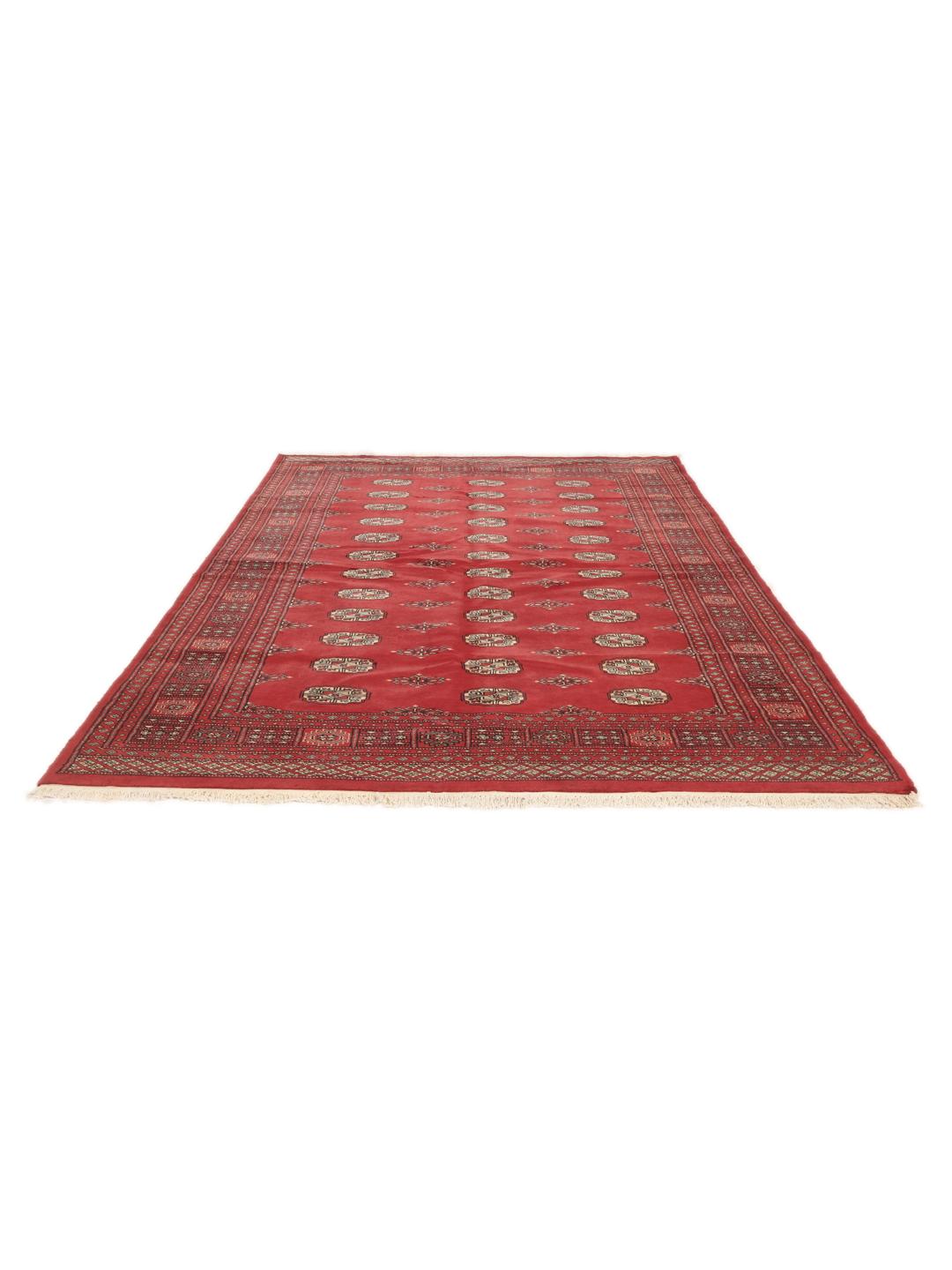 A hand-knotted Pakistan Bokhara 2ply rug in deep red with traditional medallion patterns.
