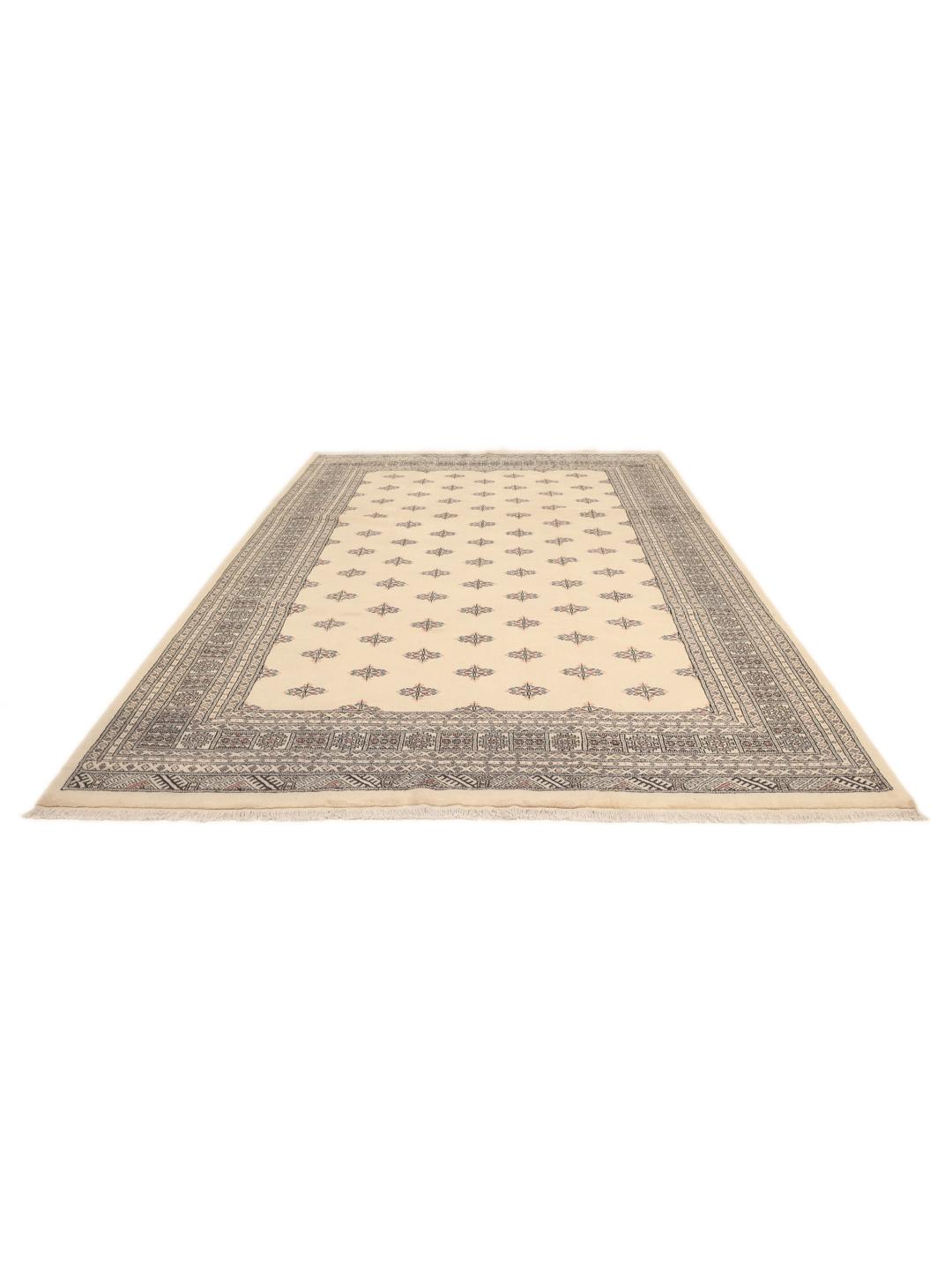 Hand-knotted Pakistan Bokhara rug with a beige field and traditional motifs