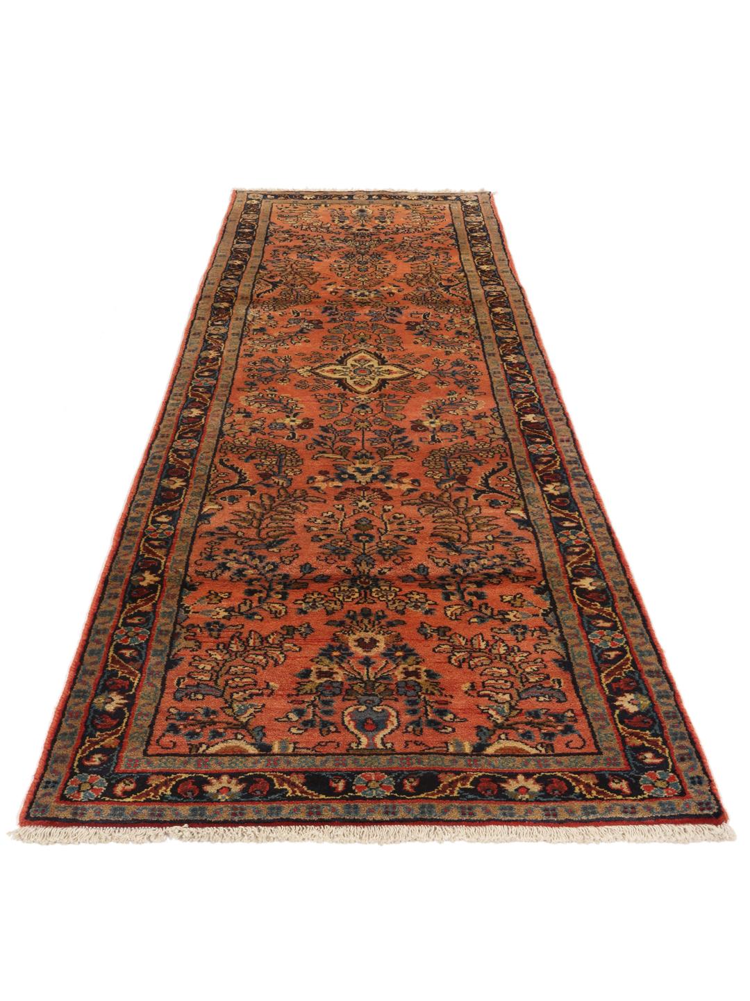Tapis de couloir Mehraban fait main avec des motifs floraux complexes dans des tons rouges et bleus