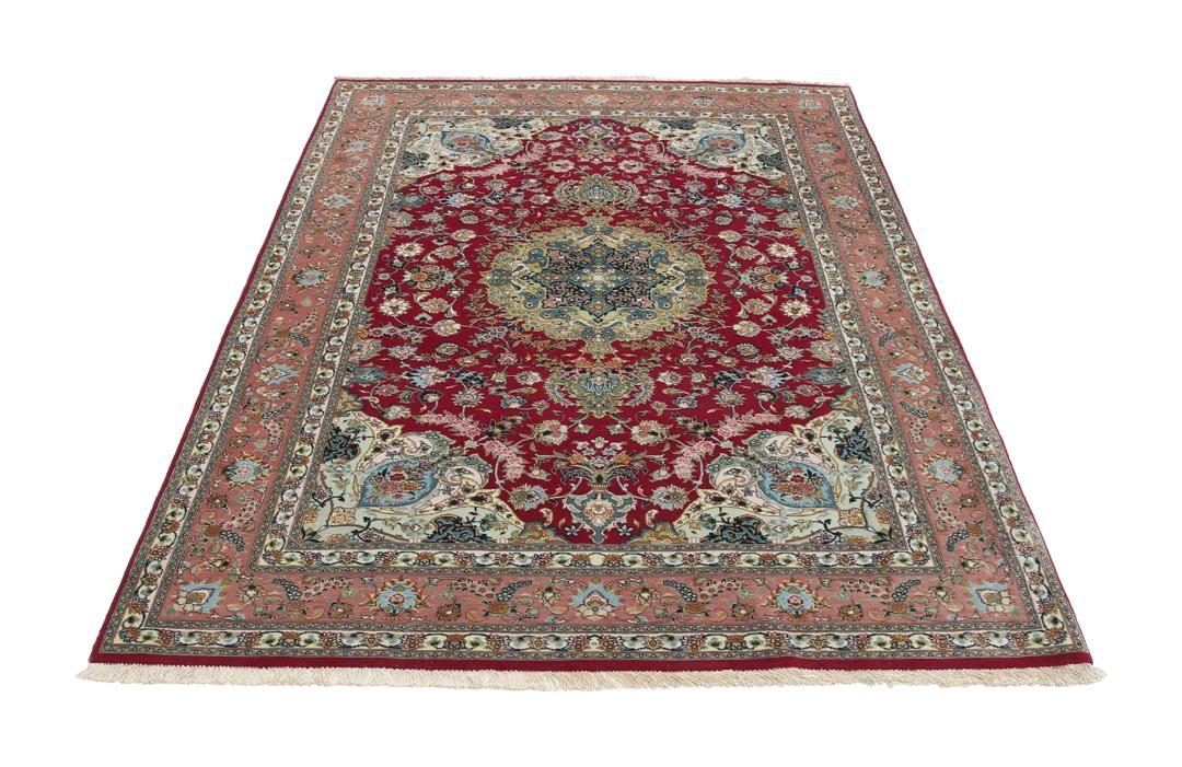 Met de hand geknoopt Tabriz-tapijt uit het Midden-Oosten in rood met bloemmotieven
