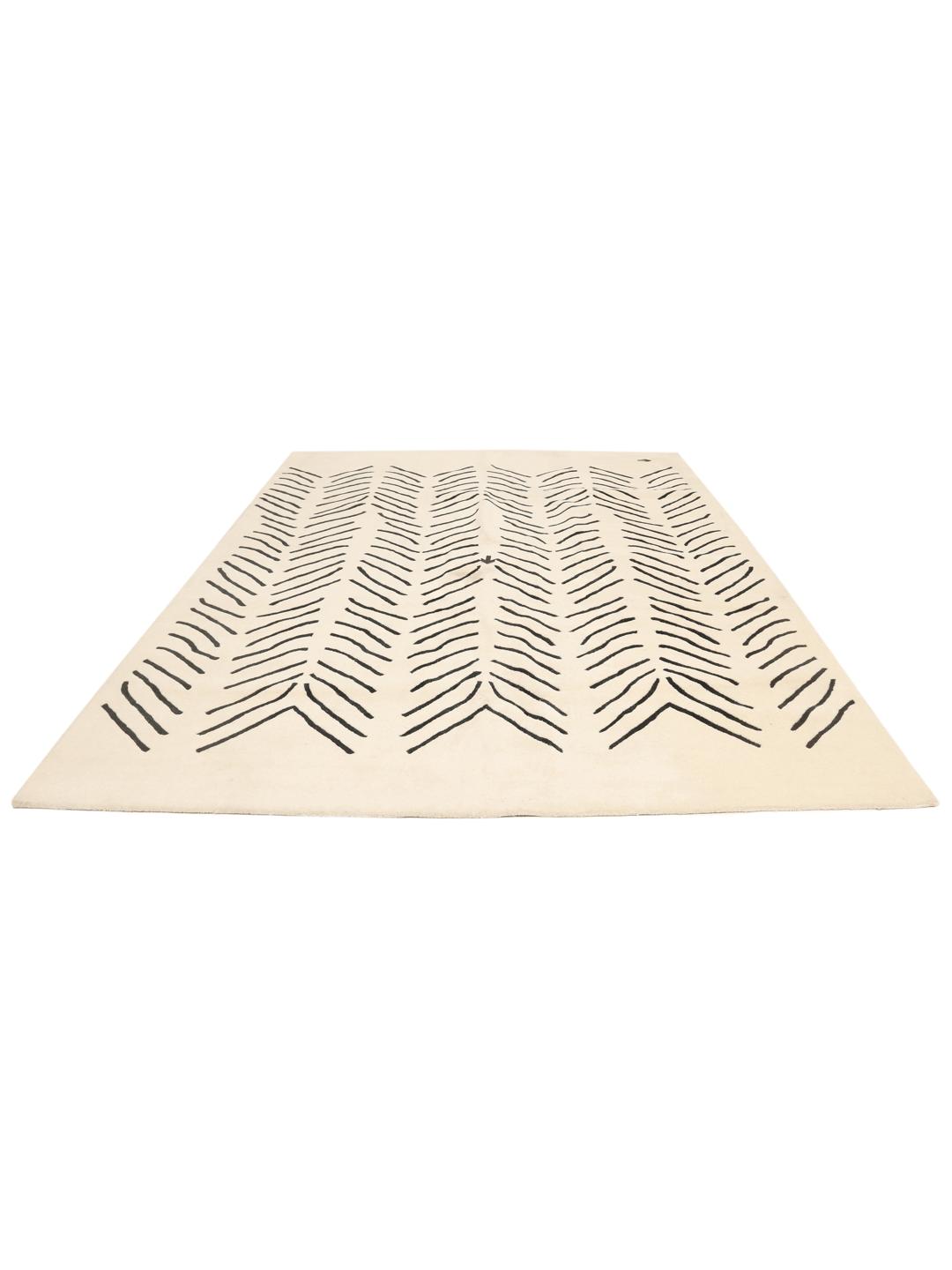 Modern wollen vloerkleed uit India met een beige achtergrond en zwart lineair patroon