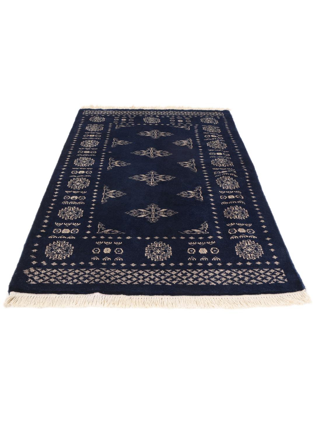 Hand-knotted Pakistan Bokhara rug with a deep blue field and intricate light-toned motifs