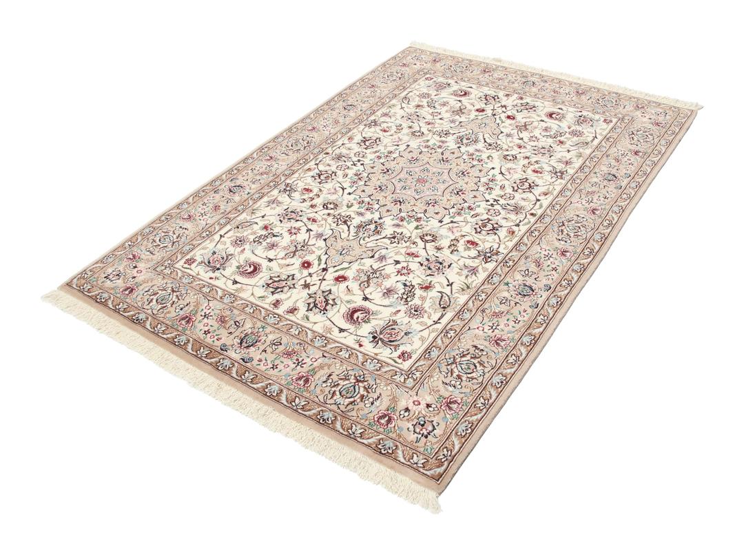 Handgeknoopt Isfahan-tapijt uit het Midden-Oosten met florale patronen in beige en gedempte tinten