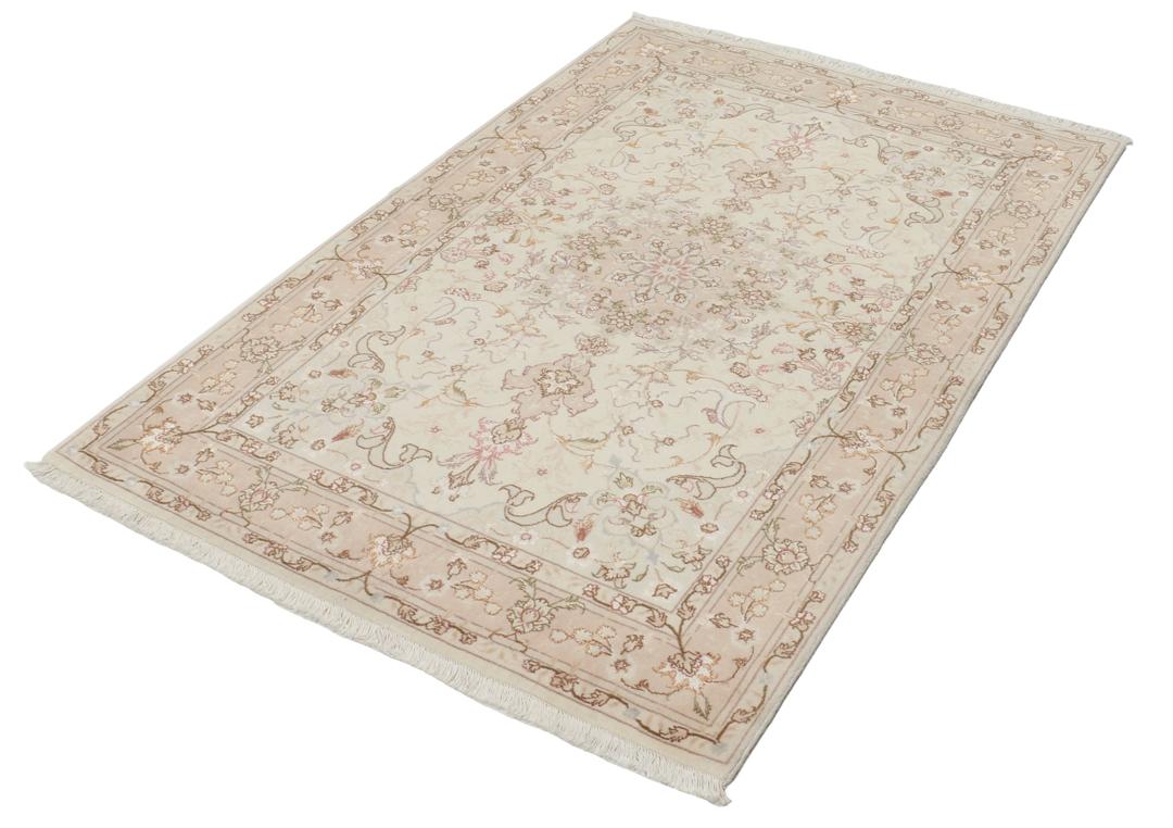 Håndknyttet Tabriz-tæppe fra Mellemøsten med beige blomsterdesign