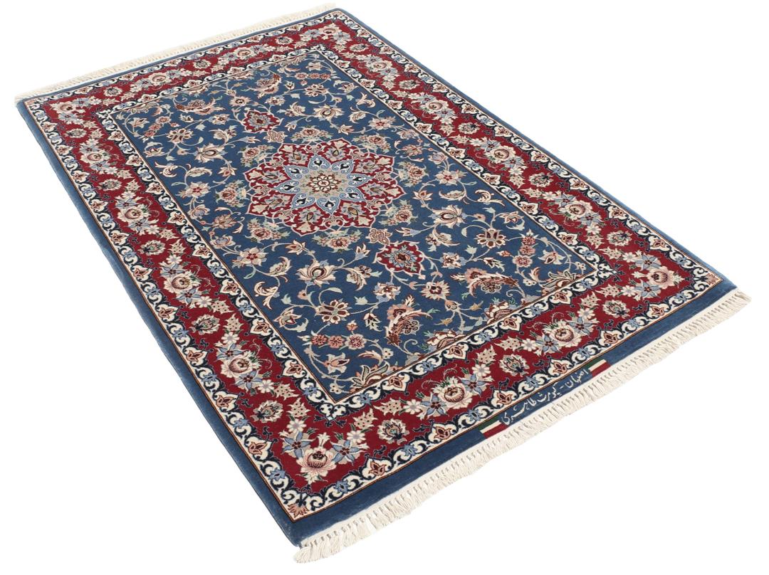 Handgeknoopt Isfahan-tapijt met bloemmotieven in blauw en rood