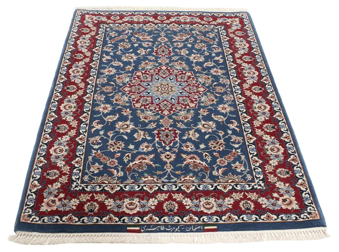 Handgeknoopt Isfahan-tapijt met bloemmotieven in blauw en rood