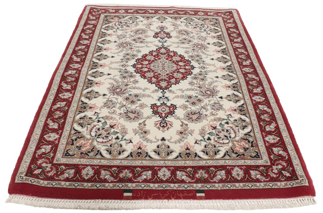 Håndknyttet Isfahan-tæppe fra Mellemøsten med beige bund og rød kant