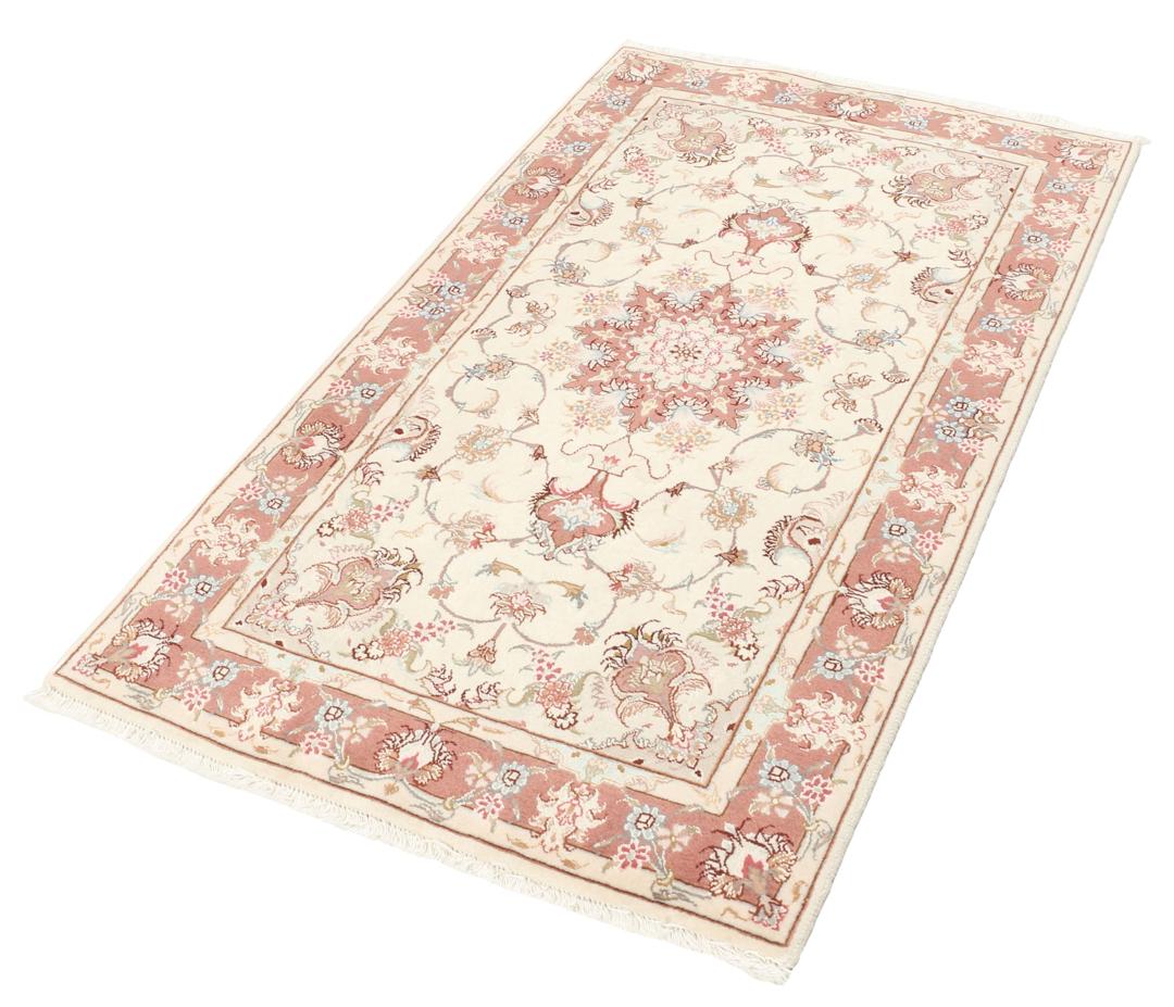 Håndknyttet Tabriz-tæppe med en blomstermedallion i beige og rødt fra Mellemøsten