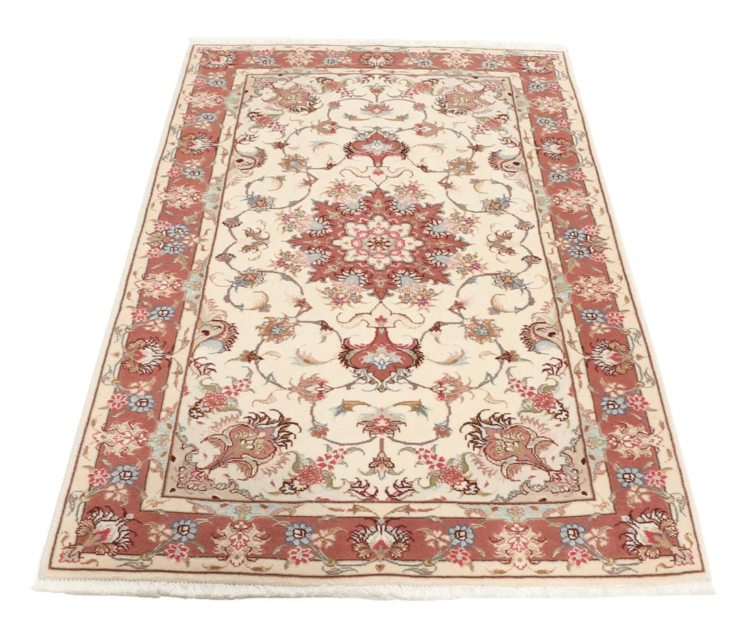 Håndknyttet Tabriz-tæppe med en blomstermedallion i beige og rødt fra Mellemøsten