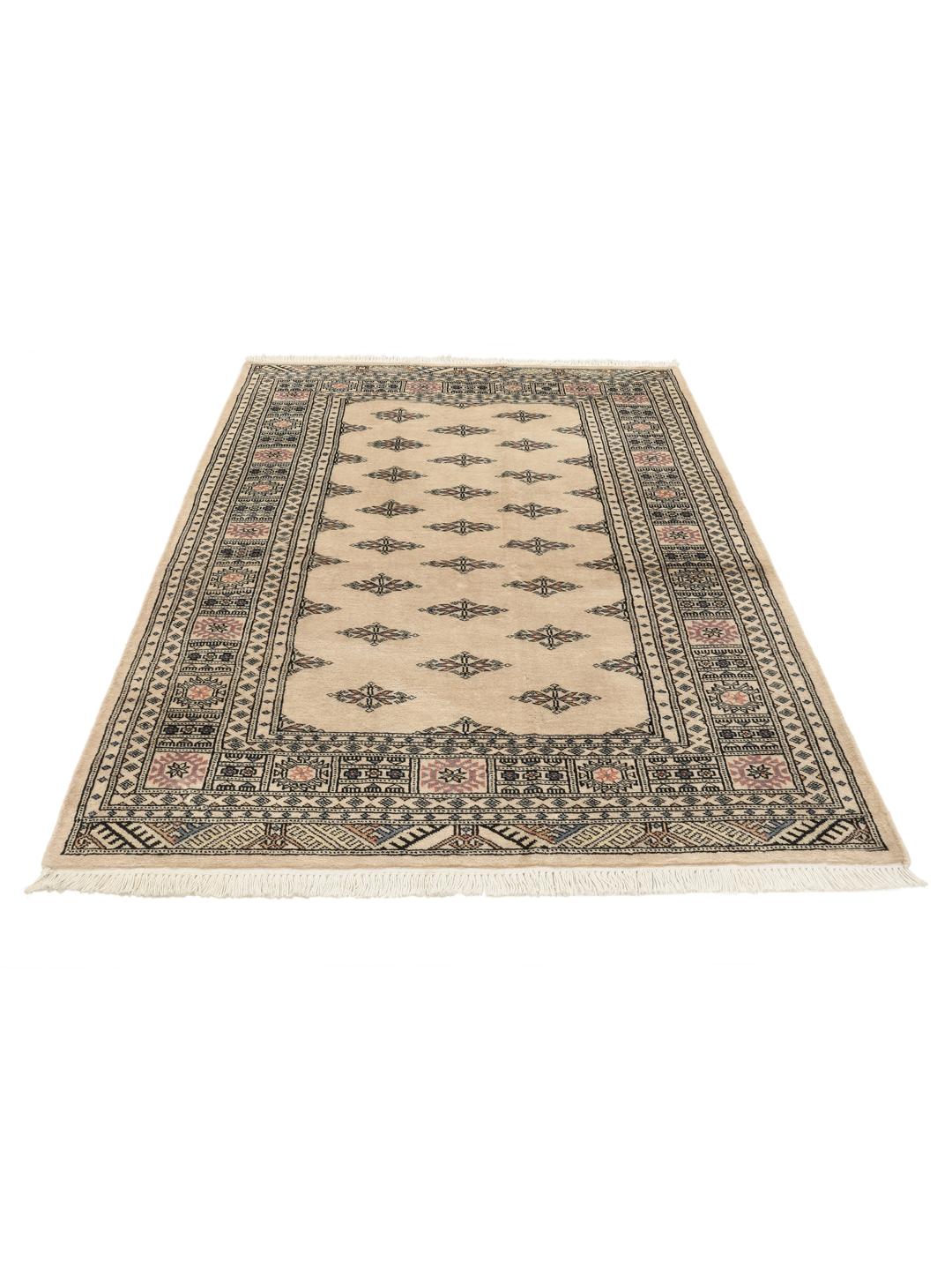 Hand-knotted beige Pakistan Bokhara rug with geometric motifs