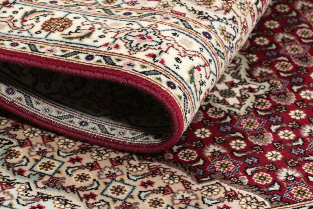 Et håndknyttet Tabriz 50 Raj-tæppe fra Mellemøsten med et levende rødt felt.