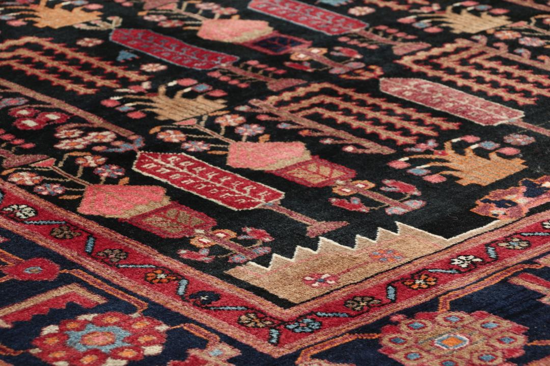 Handgeknoopt Kurdi Ghuchan-tapijt uit het Midden-Oosten met een veelkleurig tribaal patroon op een donker veld