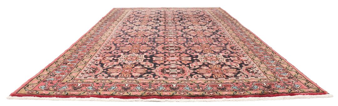 A rectangular hand-knotted Hamadan rug from the Middle East with a dark-red and black colour palette.