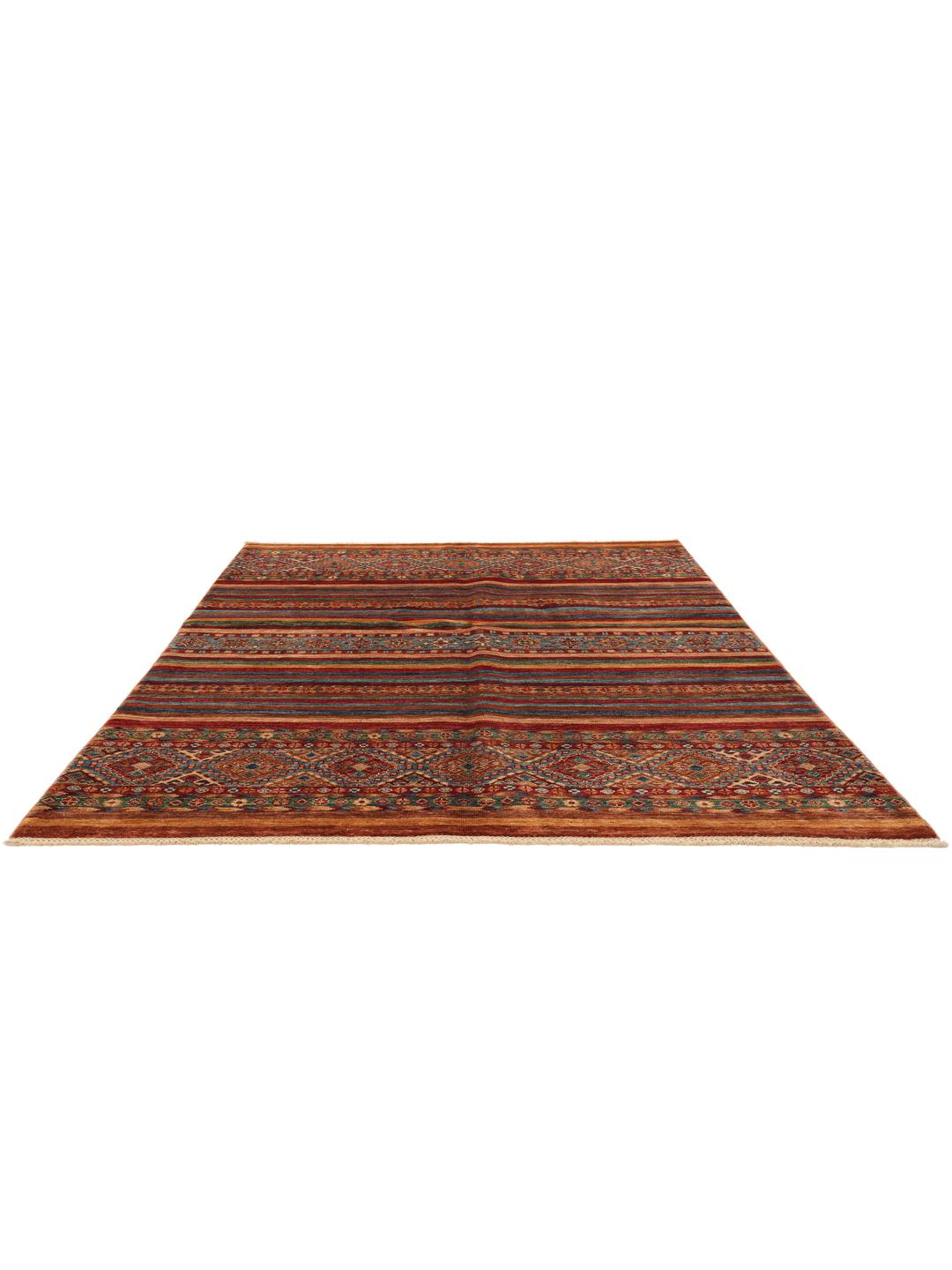 Handgeknüpfter Teppich aus Afghanistan mit lebendigen Streifen und geometrischen Mustern in Mehrfarbig