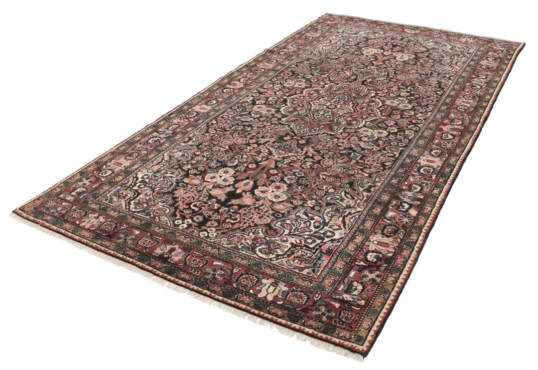 Handgeknoopt Hamadan-tapijt uit het Midden-Oosten met een donkerrood en bloemrijk ontwerp