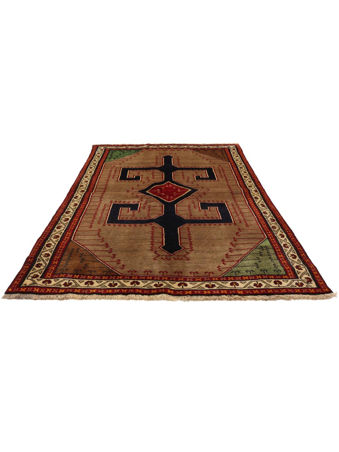 Hand-knotted Ghashghai rug from the Middle East with a brown field and geometric patterns