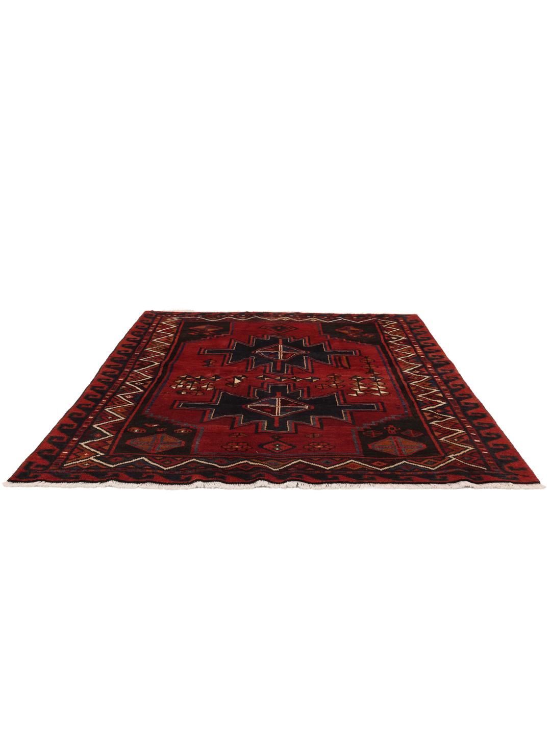 Hand-knotted Lori rug with red and black geometric tribal patterns from the Middle East