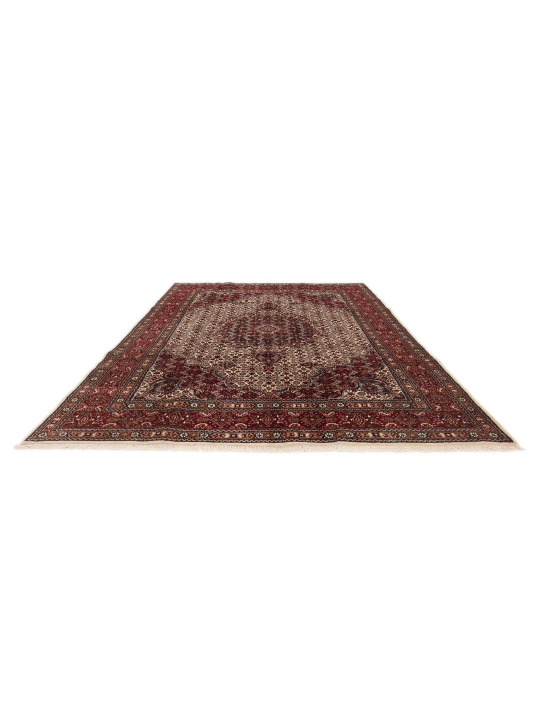 A one-of-a-kind hand-knotted Moud rug in dark-red and beige with an ornate floral medallion pattern.