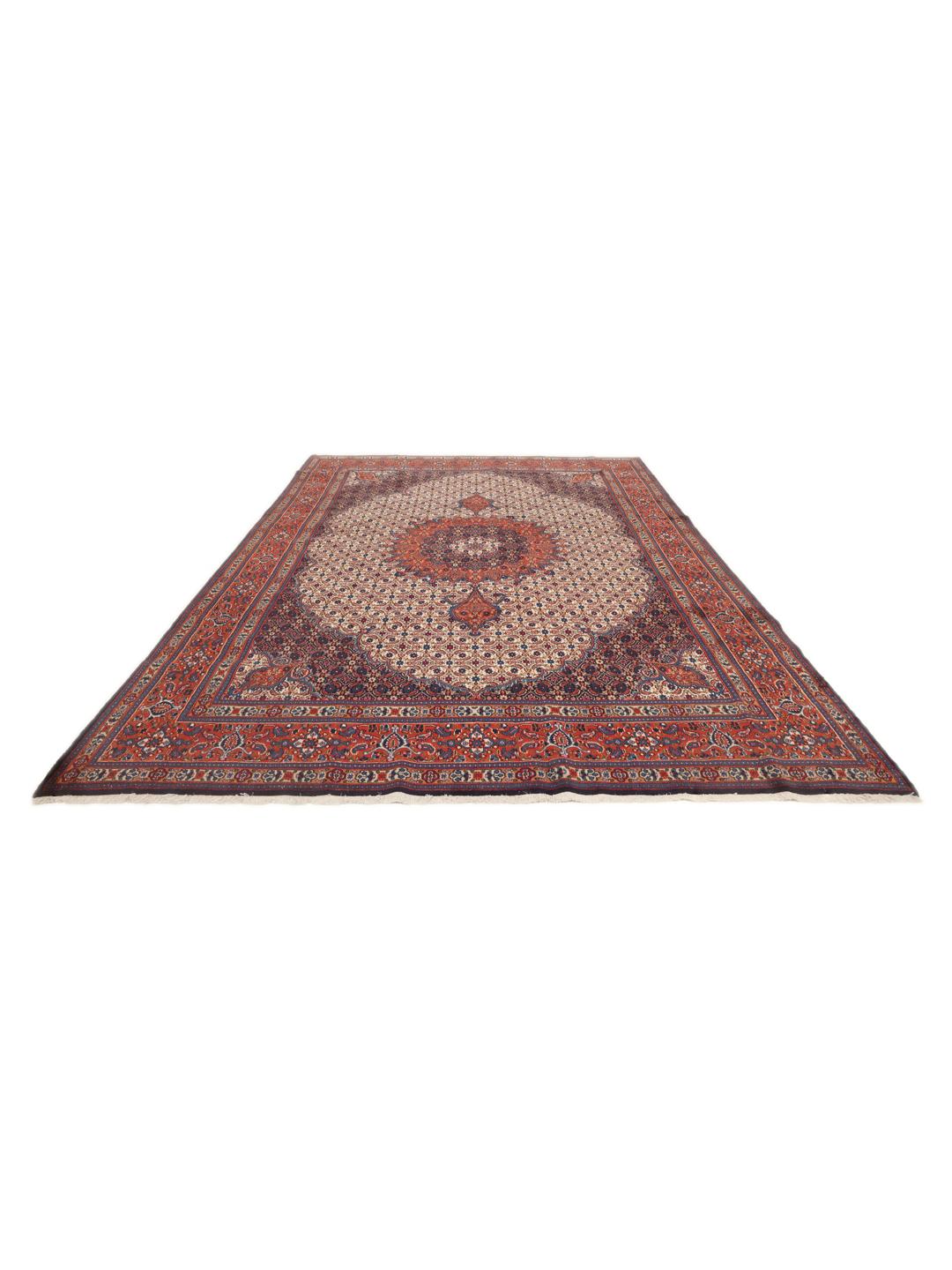 A hand-knotted Moud rug from the Middle East in dark-red and blue tones.
