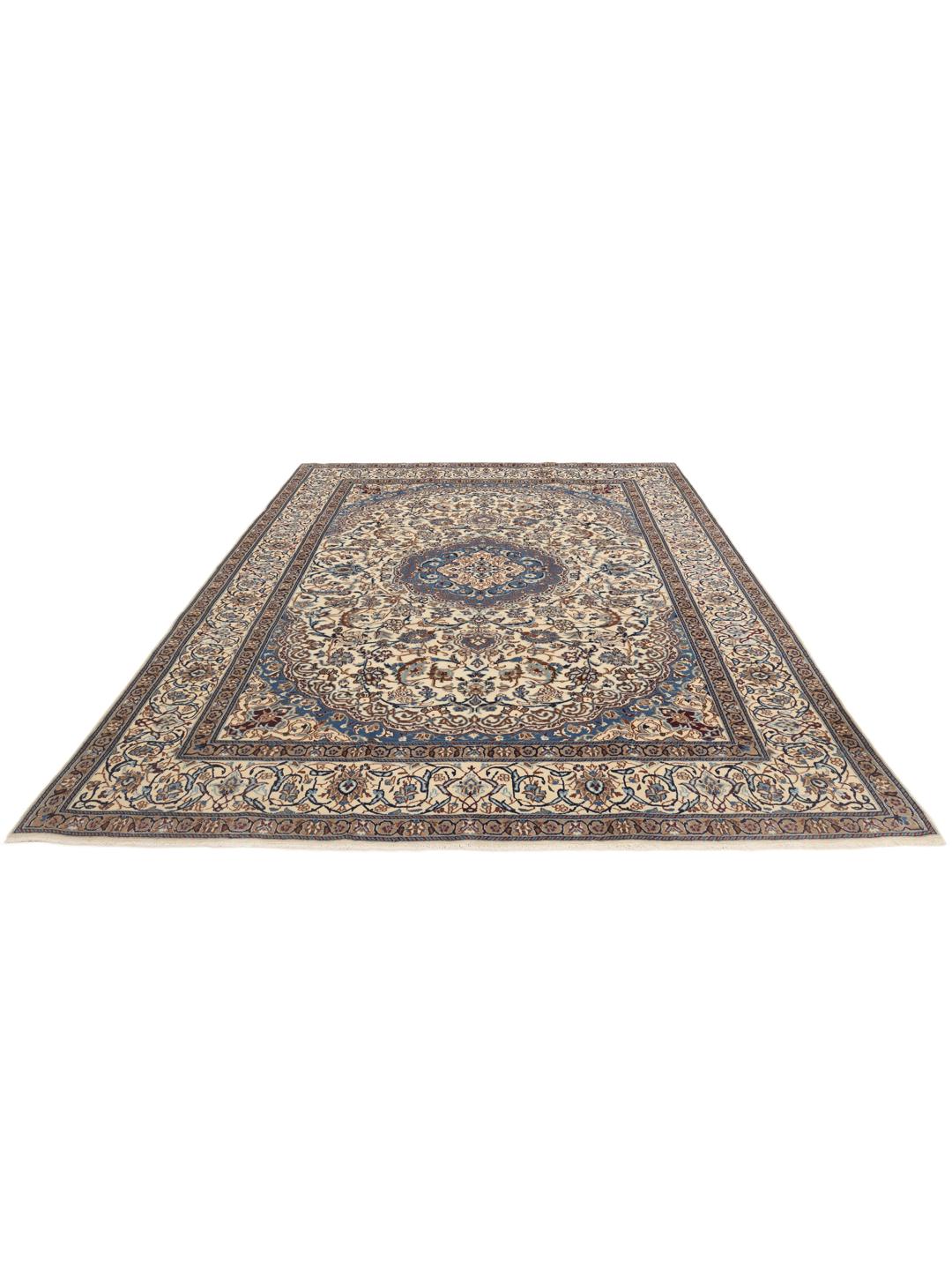 A rectangular Nain rug from the Middle East featuring a floral pattern in beige and blue.