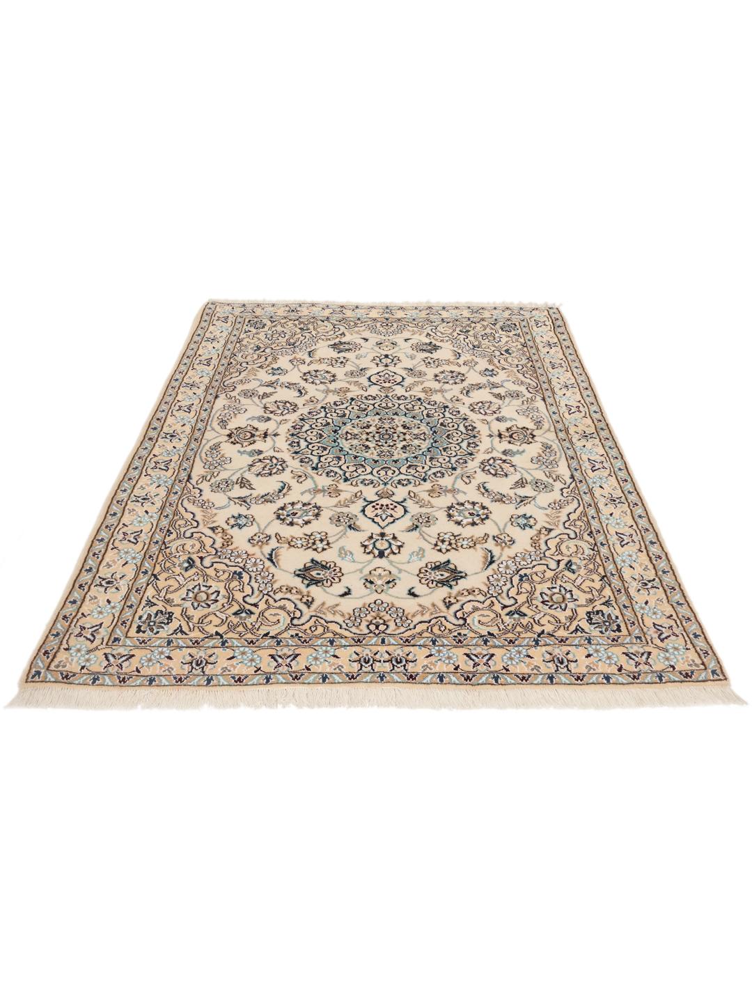 Handgeknoopt Nain Fine 9La tapijt met floraal medaillon in beige en blauw