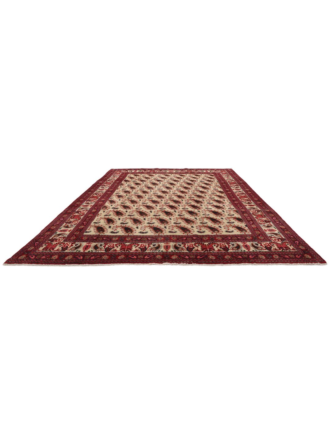 Hand-knotted Moud rug from the Middle East featuring a red and beige floral pattern