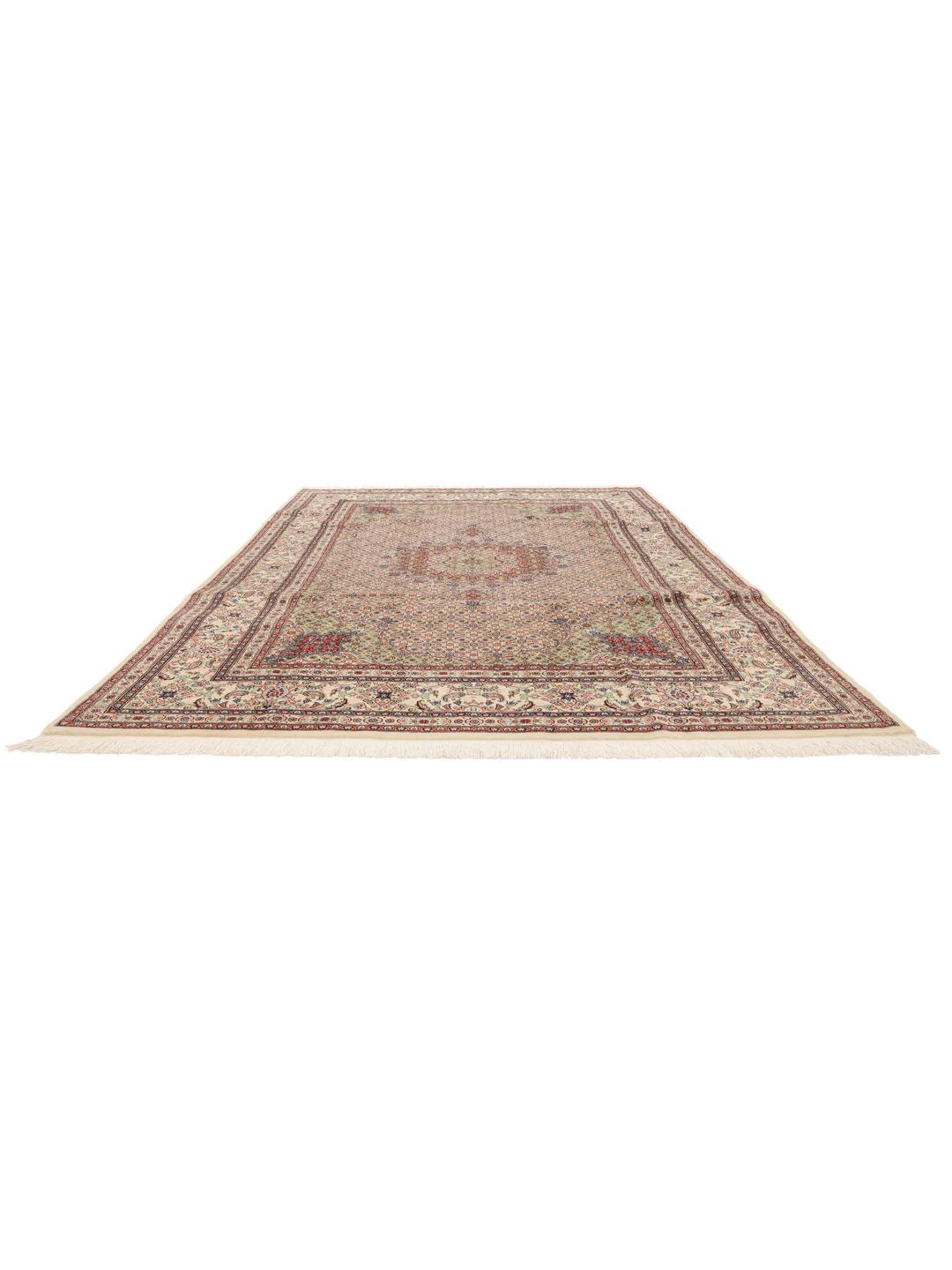 Hand-knotted Moud rug with intricate floral medallion and beige field from the Middle East