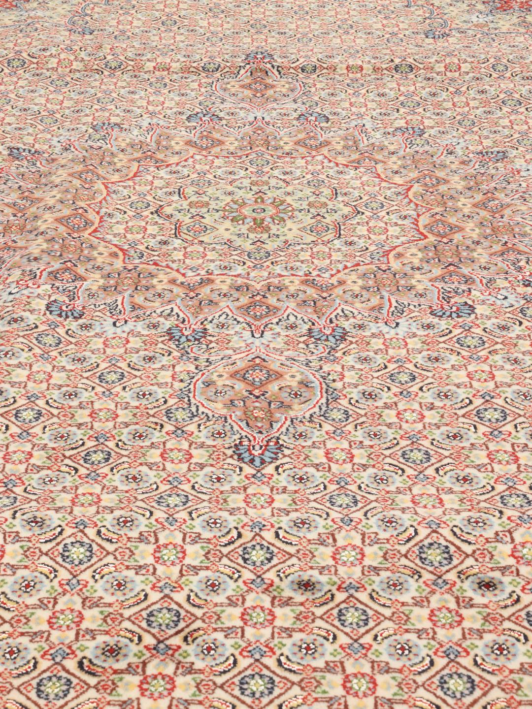 Hand-knotted Moud rug with intricate floral medallion and beige field from the Middle East